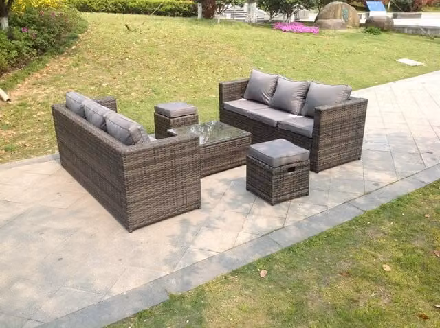 Fimous 8 Seater Dark Grey Rattan Garden Outdoor Sofa Set with Square Coffee Table and Small Footstools