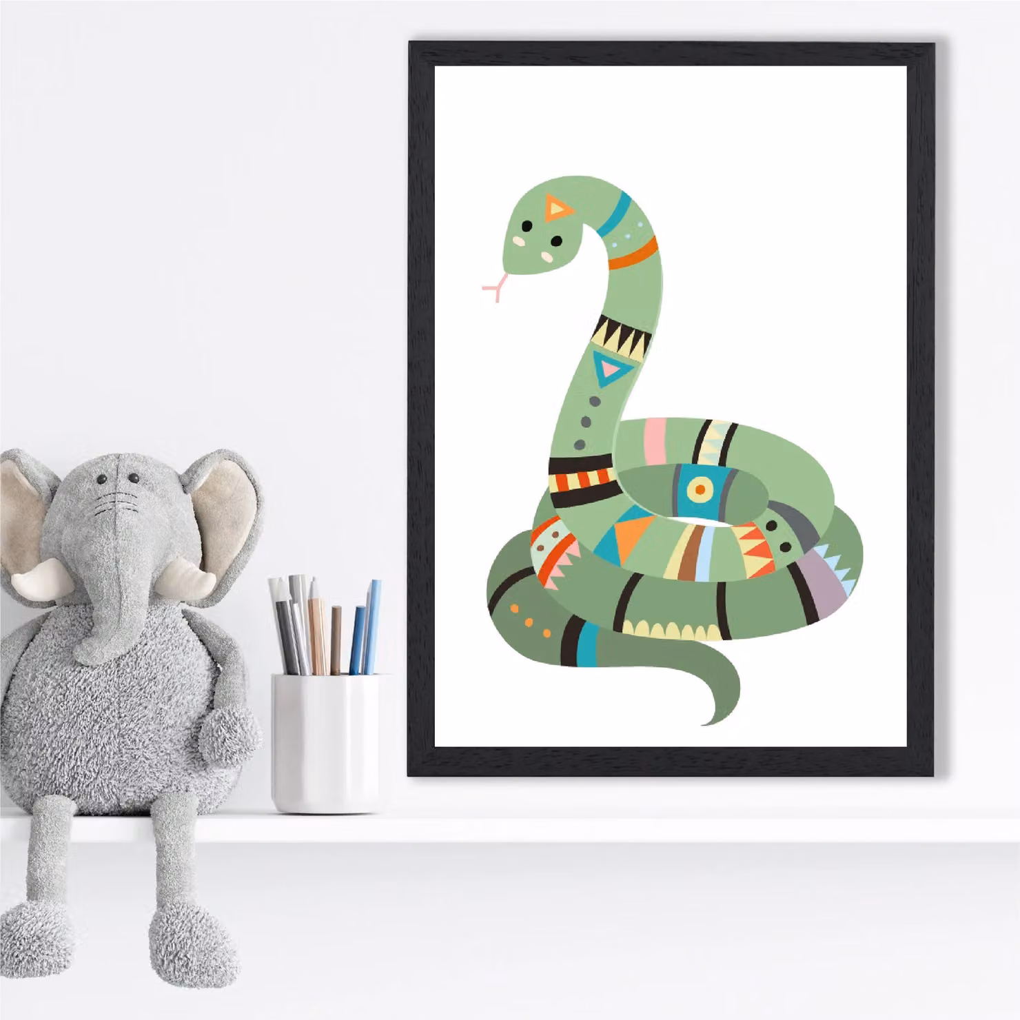 ARTZE Snake Tribal Animal Framed Print in Pale Green with Black Frame, A2 – 2