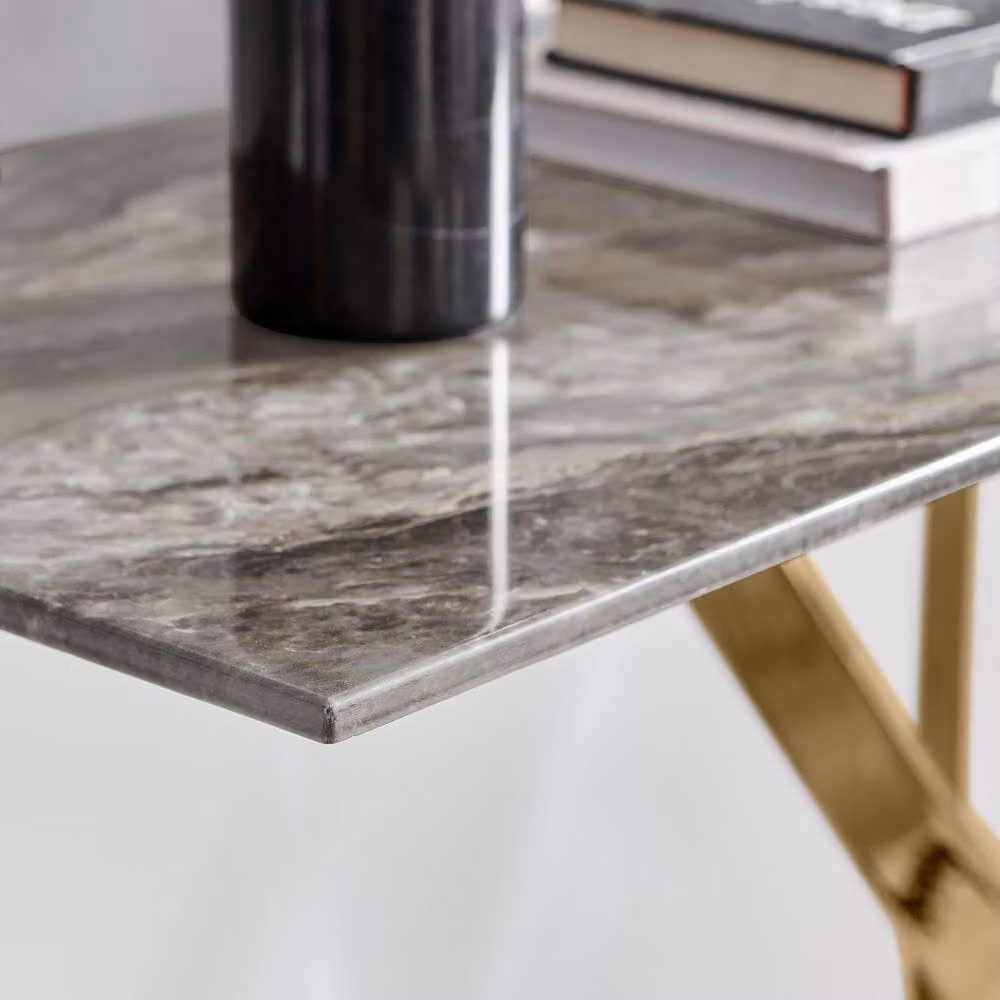 FurnitureboxUK Leonardo Rectangular Marble Effect Glass Top Console Table with Gold Metal Starburst Legs in Grey – 2
