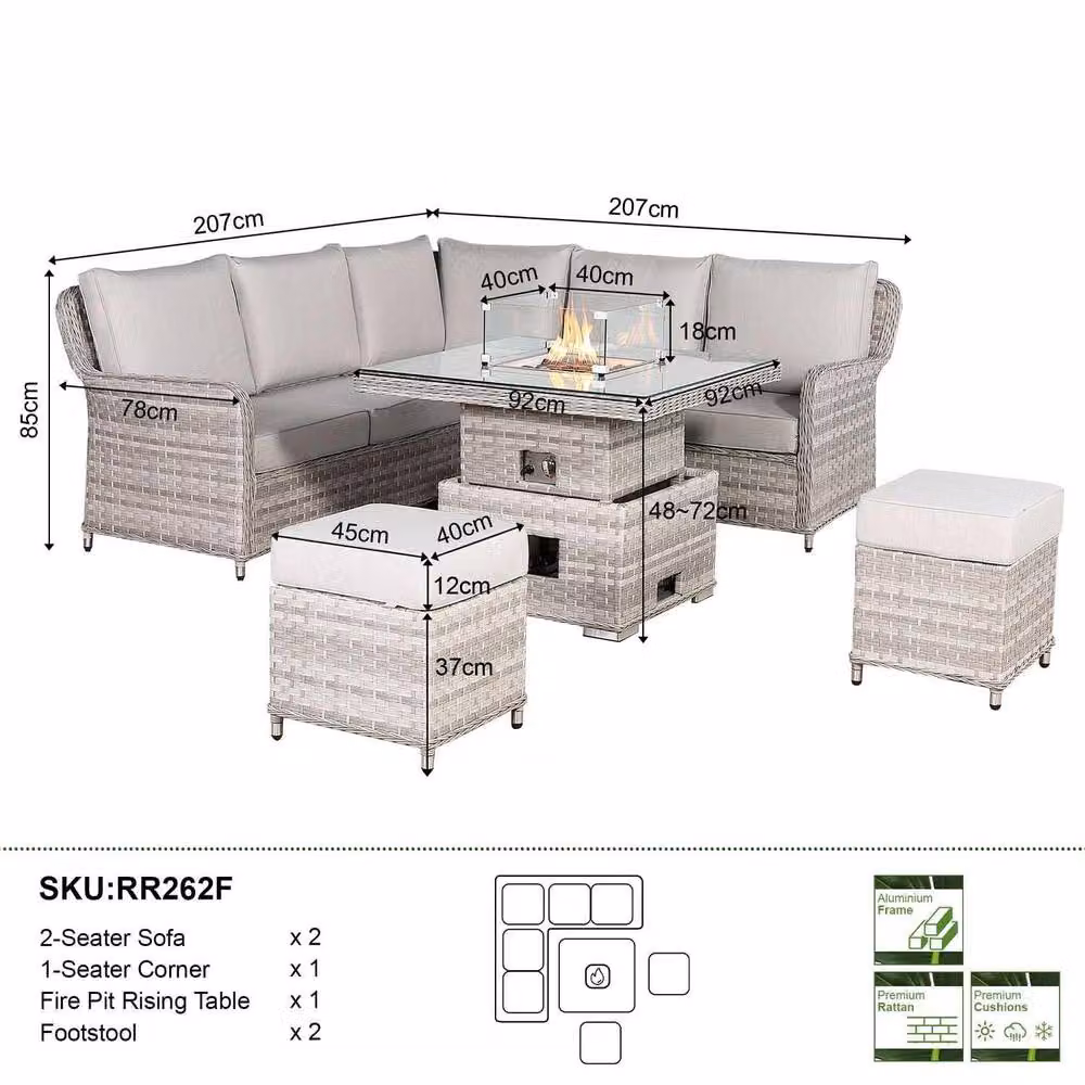 Furnishings For Less UK Rattan Garden Corner Sofa Set with Rising Fire Pit Table in Grey – 2