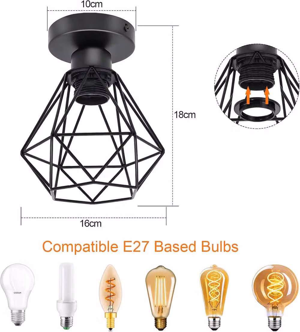 COMELY Industrial Metal Cage Ceiling Light in Black with E27 Socket – 5