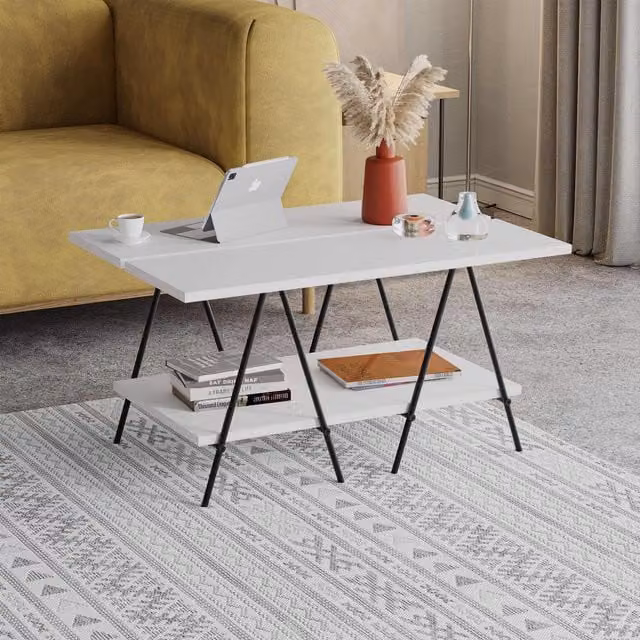 FWStyle 2 Tier Modern Coffee Table with Black Metal Frame and White MDF Laminate Top