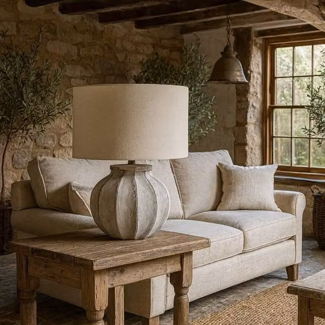 Wyld Haus Bari Antique Grey Stone Effect Table Lamp with Beige Fabric Shade