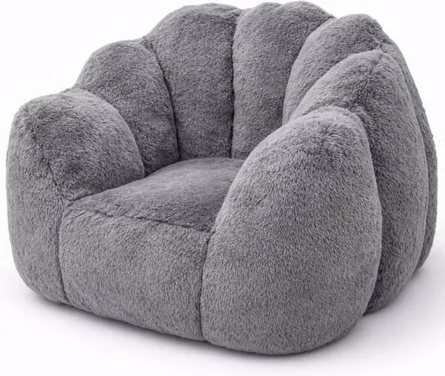 KORVIXA Grey Faux Fur Bean Bag Sofa W/D/H: 100 x 100 x 67 cm – 1