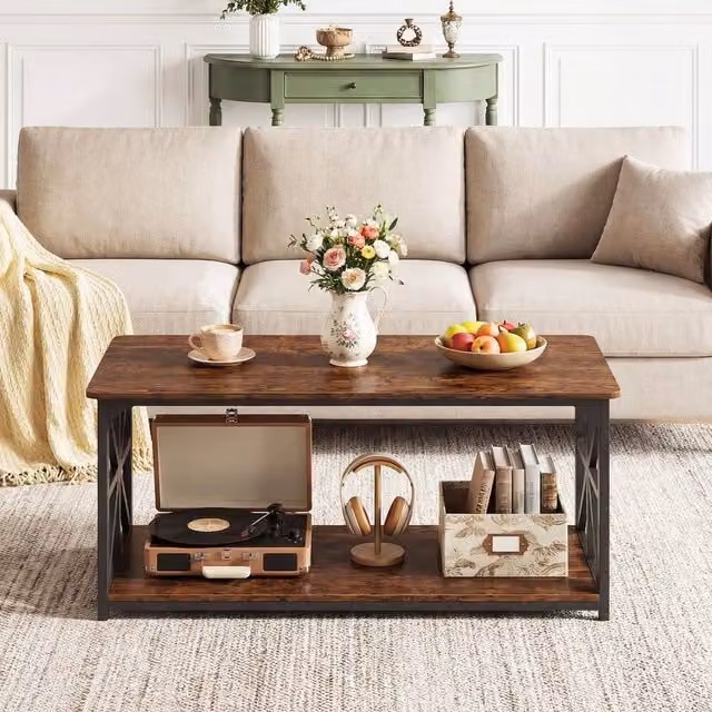 KORVIXA Brown Rustic Farmhouse Coffee Table, W/D/H: 109 x 50 x 48 cm – 1