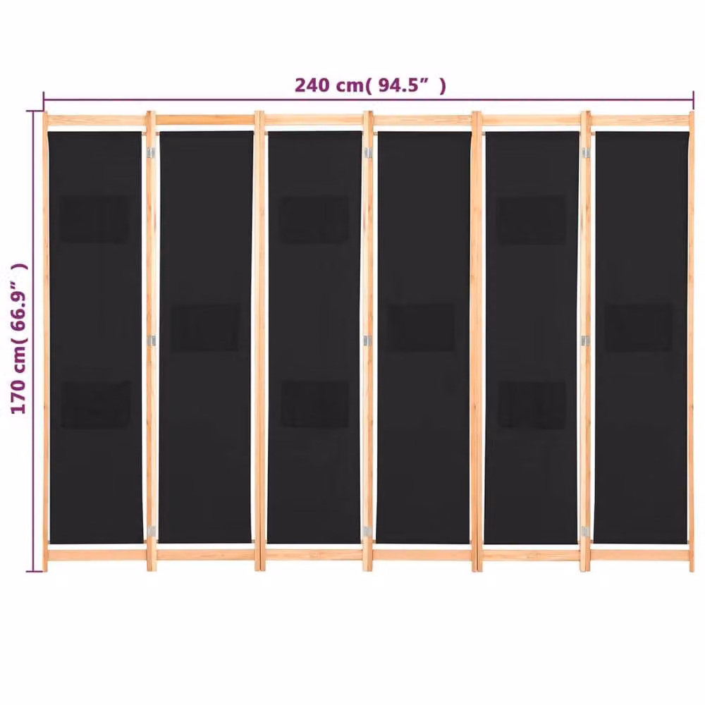 Berkfield Home 6-Panel Black Fabric Room Divider, W/D/H: 240 x 170 x 4 cm – 7