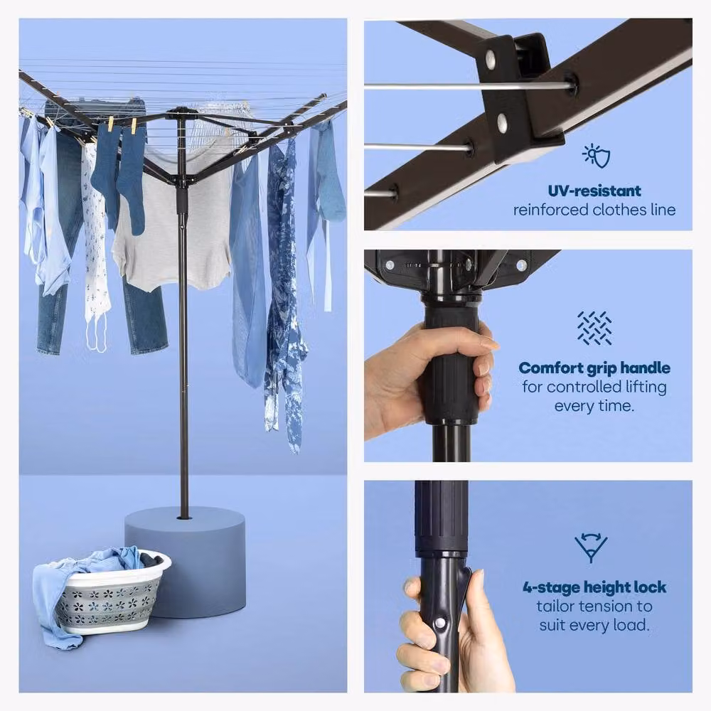 LIVIVO 4 Arm Rotary Outdoor Washing Line and Clothes Dryer in Black with Ground Spike and Cover – 3