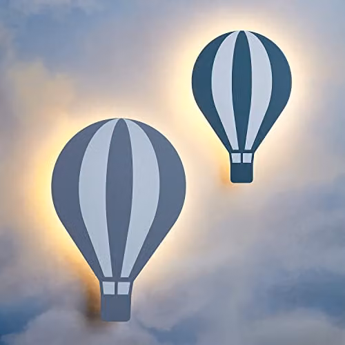 Lights4fun Hot Air Balloon LED Childrens Wall Light Duo in Grey and Green with Remote and Timer – 2