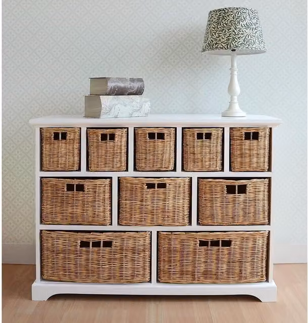Tetbury Large White Storage Unit with 10 Wicker Baskets