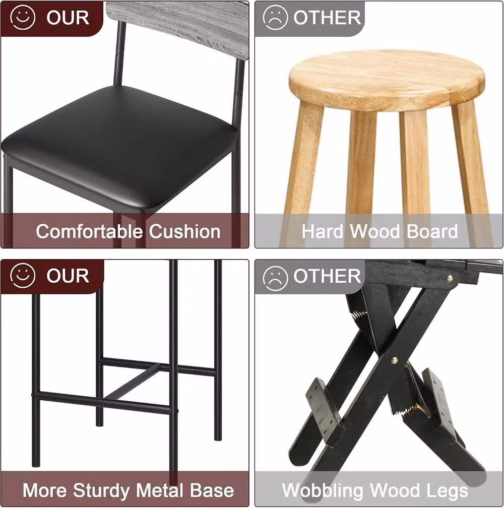 London Boutique Set of 4 Grey Upholstered Counter Height Bar Stools with Synthetic Leather and Metal Legs – 3