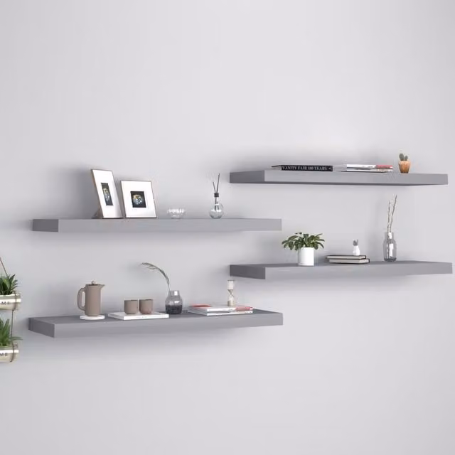 Berkfield Home Floating Wall Shelves, 4 Piece Grey MDF and Metal Set, W: 80 cm, D: 23.5 cm, H: 4 cm