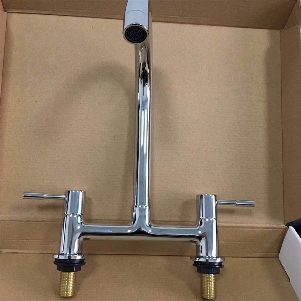 Ventryn Modern Dual Lever Chrome Kitchen Sink Mixer Taps with Swivel Spout in Silver – 2