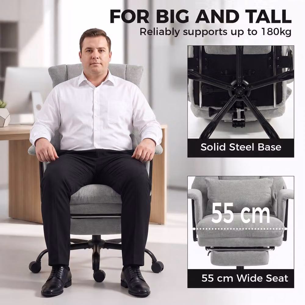 HOMCOM Grey Fabric Task Chair with Armrests and Lumbar Support for Home Office, 180kg Capacity – 4