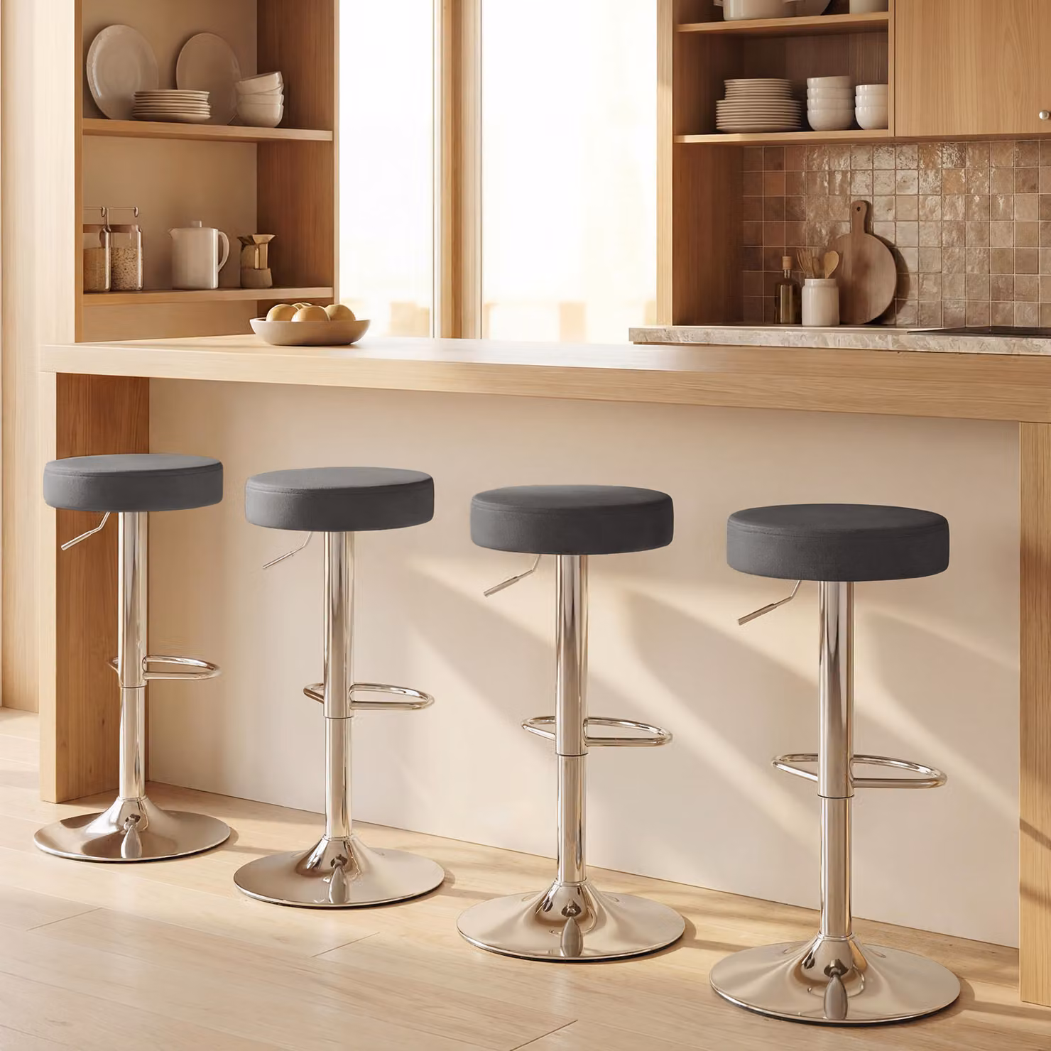 HOMCOM Set of 2 Modern Grey PU Leather Swivel Bar Stools with Height Adjustable Metal Frame and Footrest – 5