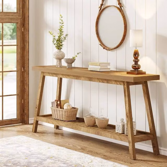 EONLION 2-Tier Farmhouse Long Console Table in Brown, Width: 100 cm – 1