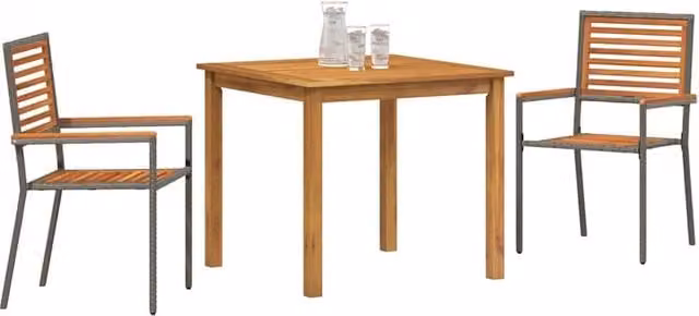 Berkfield Home Modern 3 Piece Grey Poly Rattan and Acacia Wood Garden Dining Set – 1