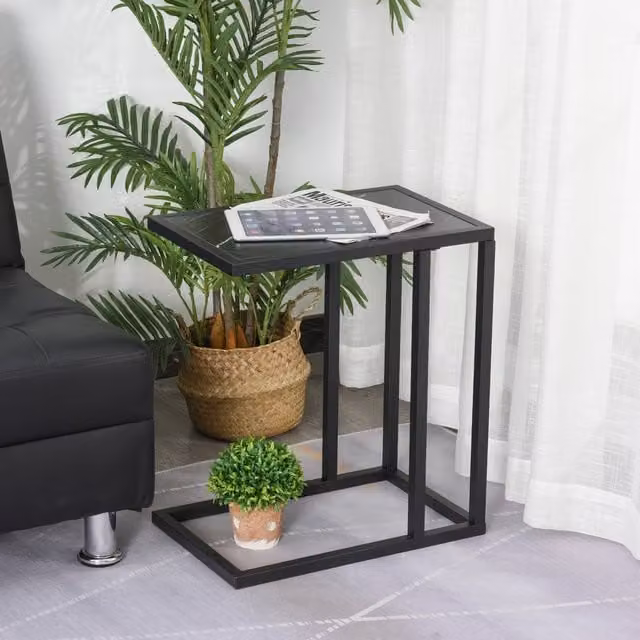 HOMCOM C Shape Side Table with Black Marble-Effect Top