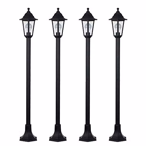 MiniSun Set of 4 Victorian Style Black Outdoor Garden Bollard Lights with 10W LED Bulbs, Height: 120 cm