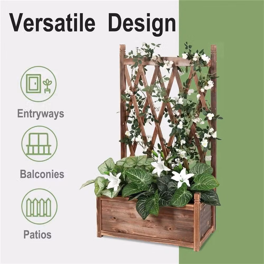 NESTLUNE Brown Wooden Raised Garden Bed with Trellis FreeStanding Planter Box, W: 64 cm, D: 36 cm, H: 115 cm – 2