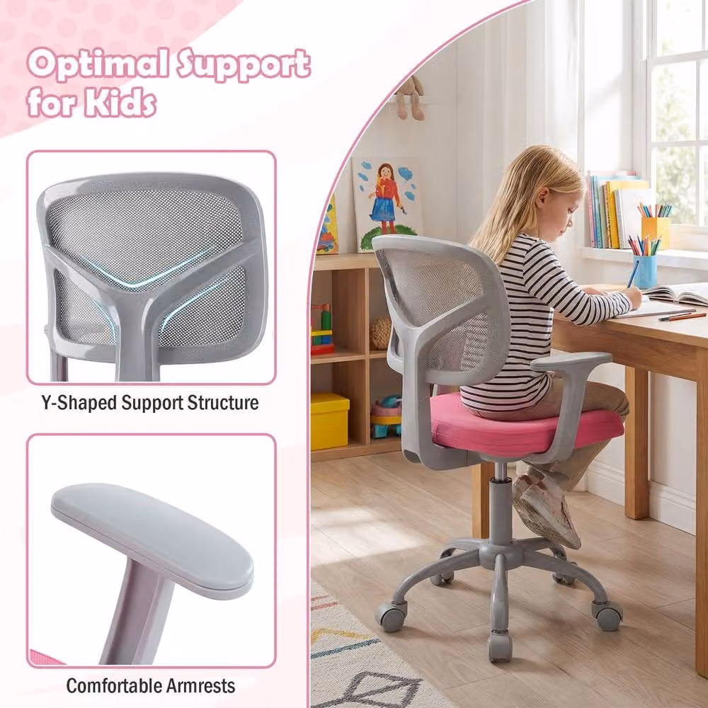 Costway Kids Mesh Study Chair with Armrests, Swivel Task Chair in Pink – 3