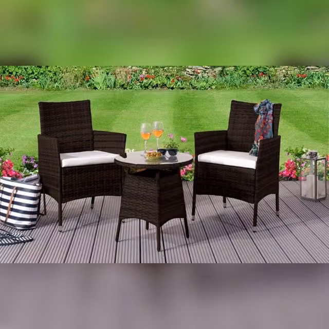 Comfy Living Ltd Rattan Garden Bistro Set with Round Table and 2 Chairs in Brown and White – 1
