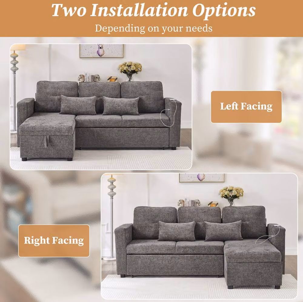 STILVORA Reversible L-Shaped Convertible Sofa Bed with USB Charging and Storage in Grey – 5