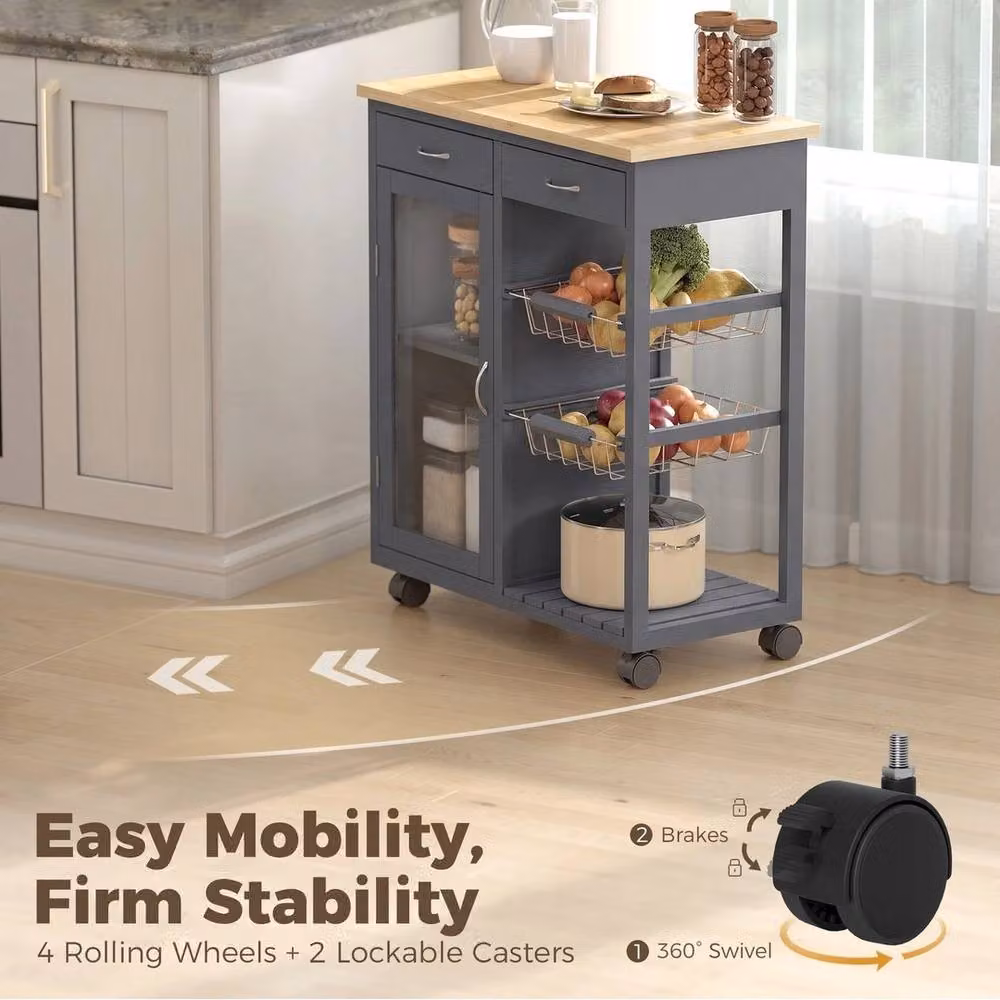 EONLION Modern Bamboo Kitchen Island with Glass Doors in Dark Grey – 3