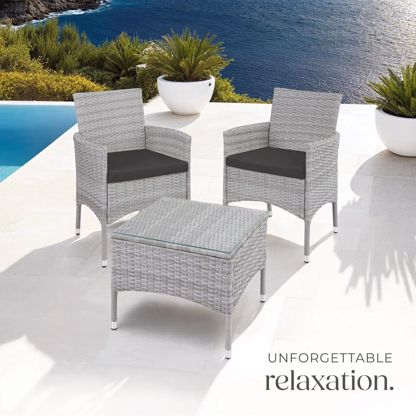 tectake Lucerne Rattan Garden Furniture Set in Light Grey with Glass Tabletop and Beige Cushions – 6