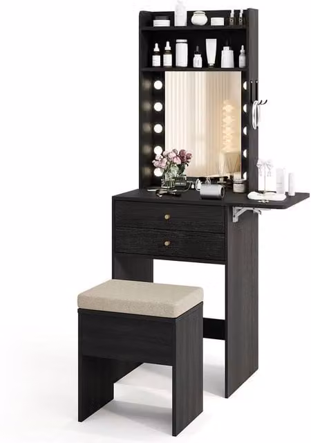 Gymax Small Makeup Vanity Desk and Dressing Table Set with Hollywood LED Lights and Storage Stool in Black