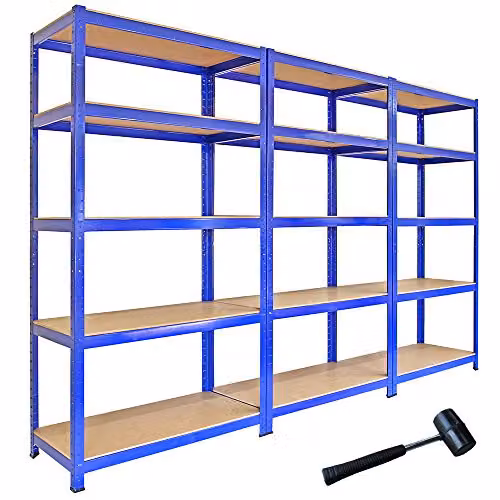 Monstershop T-Rax Pack of 3 Heavy Duty Steel Garage Shelving Units, Blue, H x W x D: 182.5 x 90 x 45 cm