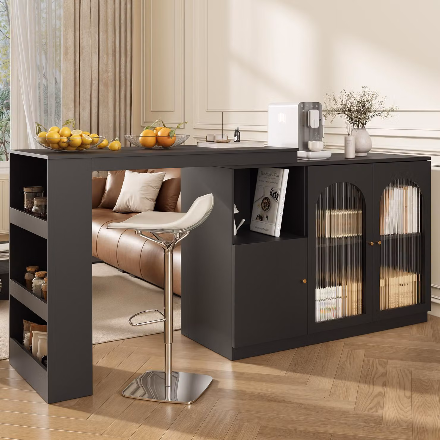 Aosom.UK Black 360 Rotating Kitchen Bar Table with Glass Doors and Versatile Storage, W/D/H: 120 x 120 x 97 cm – 7