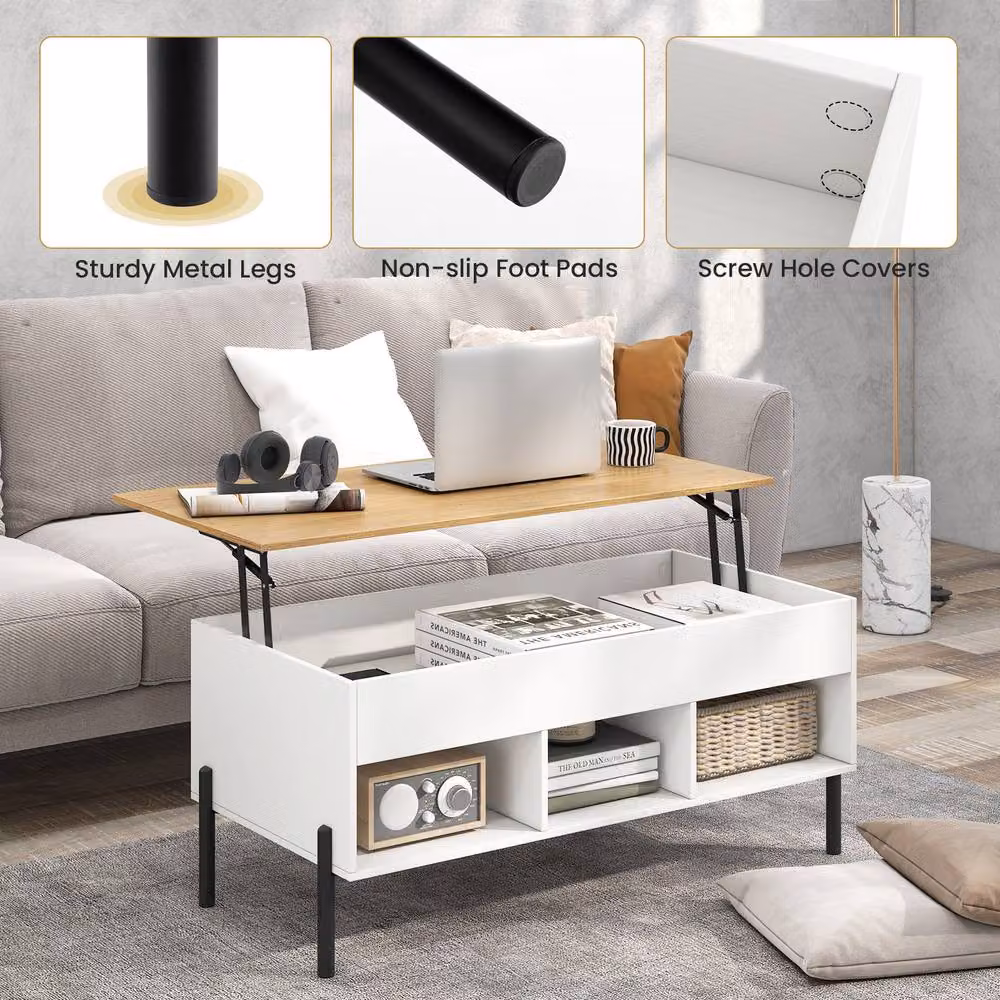 Costway Modern Rectangular Lift Top Coffee Table in White – 5