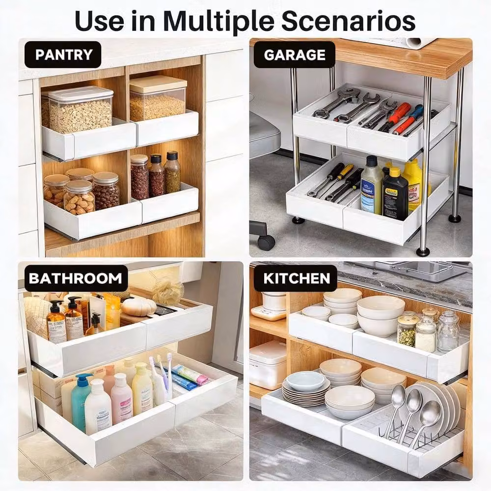 FORGEVIO 2-Piece White Stainless Steel Pull Out Cabinet Organiser Slide Out Drawer Set – 2