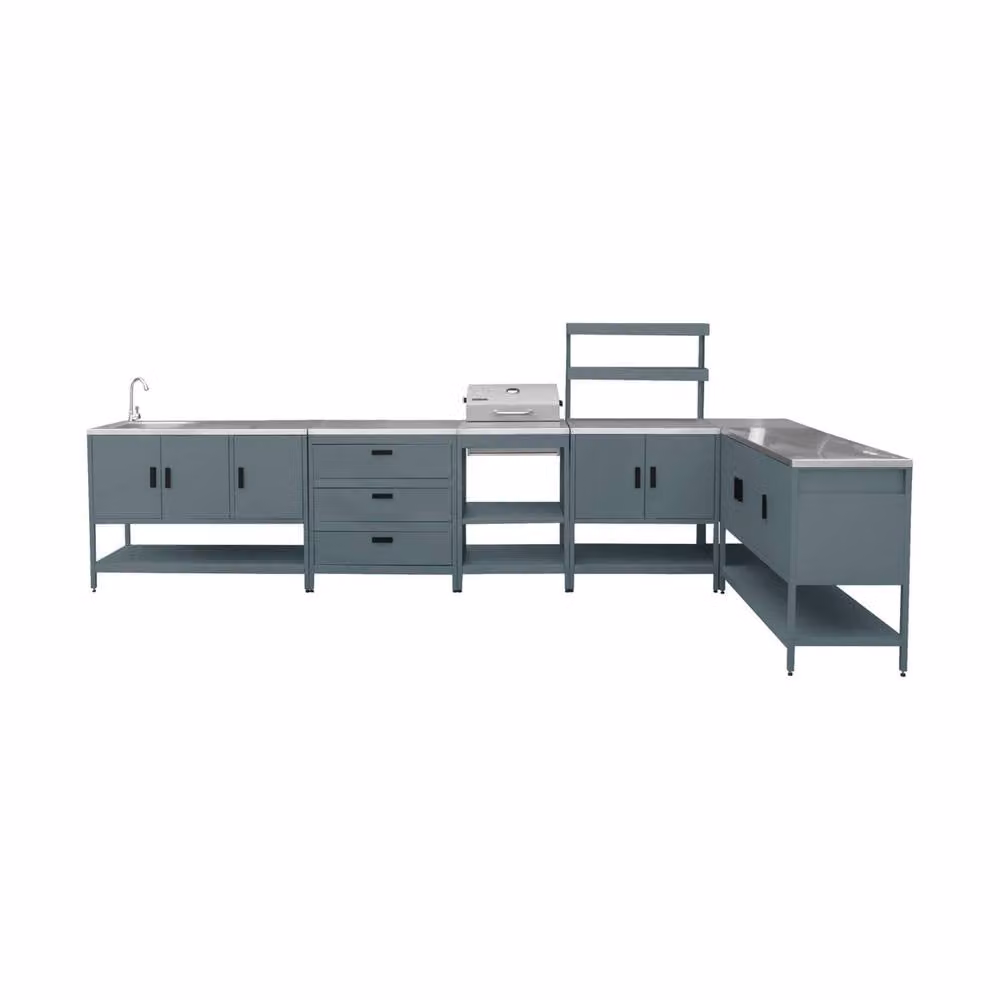 sweeek Outdoor Kitchen with Charcoal Barbecue, 5 Modules and Sink in Grey with Stainless Steel Accents – 2