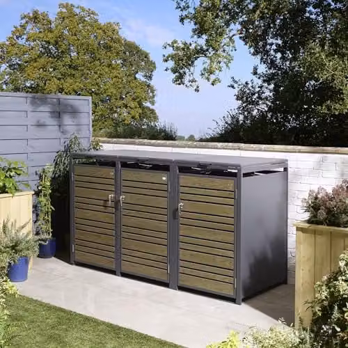 Rowlinson Chelsea Triple Bin Store in Grey Coated Steel, W200.5 x D81 x H116.5 cm