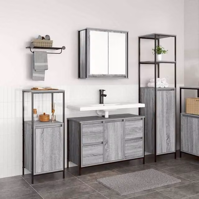 Berkfield Home 3-Piece Modern Grey Bathroom Furniture Set with Hinged Doors and Drawers – 1