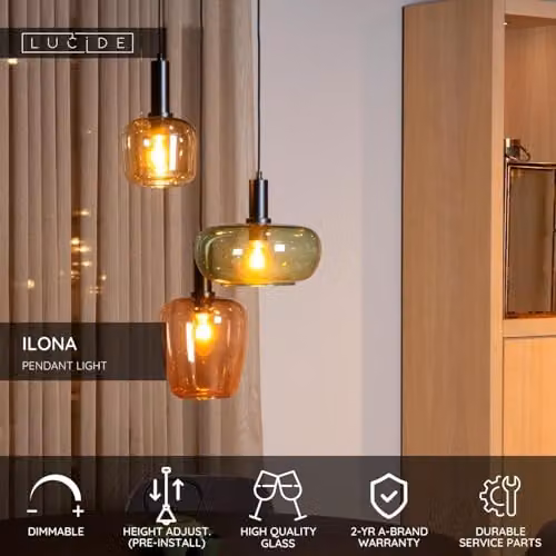 Lucide Ilona Black Glass Pendant Light, Height Adjustable, 3 x E27, H 174 cm x W 51 cm x D 51 cm – 2