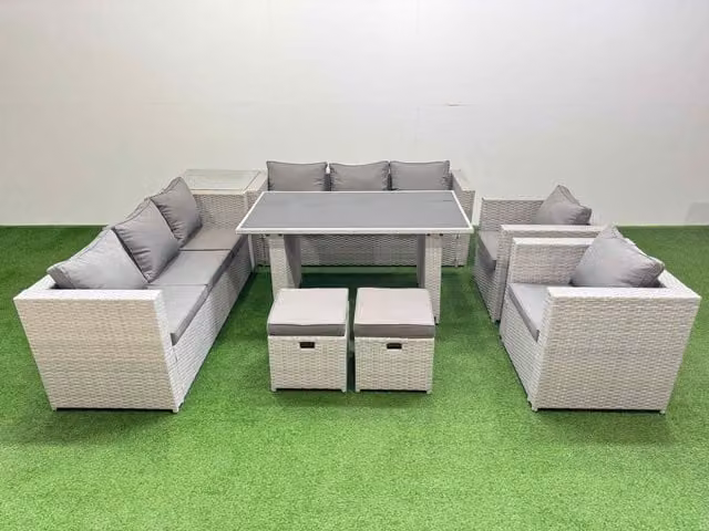 Fimous 10 Seater Outdoor Dining Set with 3 Seater Sofa and Side Table in Light Grey