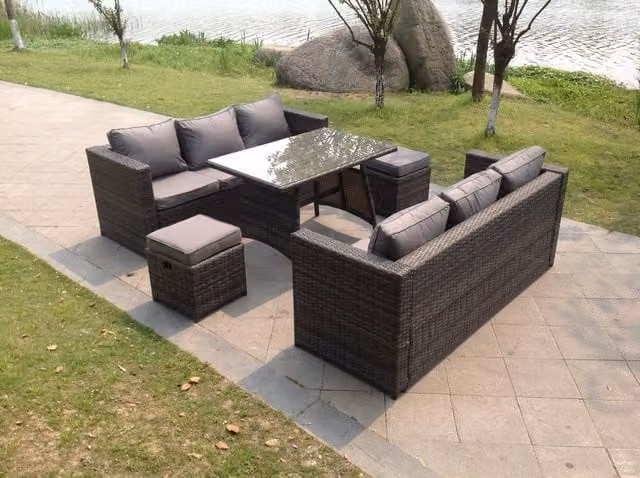 Fimous 8 Seater Rattan Lounge and Dining Sofa Set with Table and Stools in Dark Grey – 1