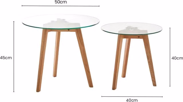 Orsina Set of Two Round Scandinavian Side Tables with Glass Tops and Oak Wood Bases in Brown and Transparent