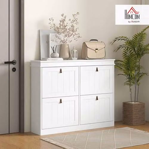 HOMCOM Modern Slim White Shoe Cabinet with Tilting Compartments for Hallway, W/D/H: 82.5 x 24 x 105 cm – 2
