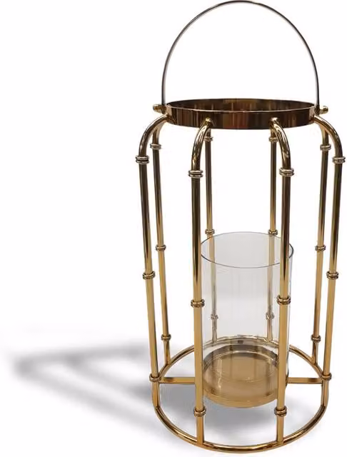 Elm Home And Garden Tall Gold Metal and Glass Pillar Lantern Ornament, H: 41.0 cm, W: 27.0 cm, D: 27.0 cm