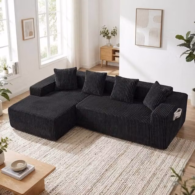 Dprodo 4 Seater Modular Left L-Shaped Sectional Sofa in Black Velvet Cord Fabric, Width: 261 cm – 1