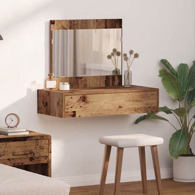 Berkfield Home Wall Hanging Dressing Table in Brown Old Wood, W: 83 cm, D: 40 cm, H: 70 cm