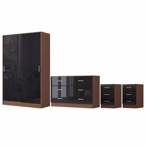 Reflect Modern Bedroom Furniture Set in Black Gloss and Walnut Finish featuring 2 Door Sliding Wardrobe, 6 Drawer Wide Chest and 2x 3 Drawer Bedside Tables – 2