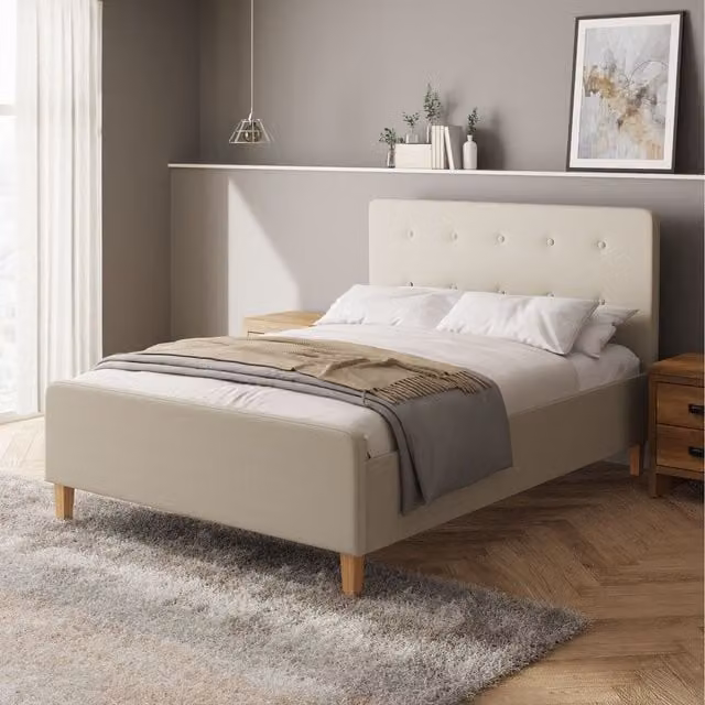 GFW Ashbourne Retro Upholstered Ottoman Bedframe with Lift Up Base, Grey/Beige, 140 x 200 cm