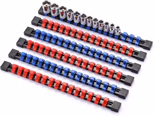 Autojack 6 Piece Socket Organizer Set with 1/4", 3/8" and 1/2" Drive Rails in Red and Blue – 1