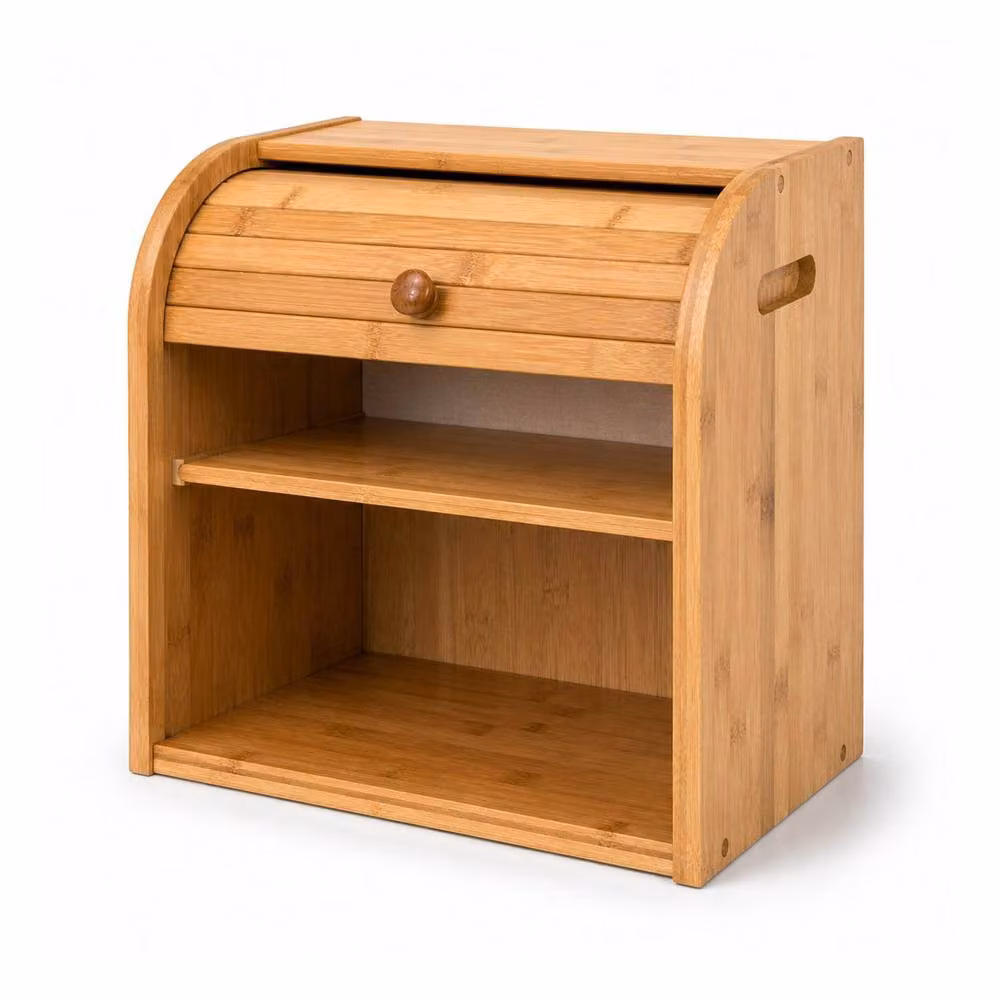 Oypla Double Layer Roll Top Bamboo Wooden Bread Bin in Brown – 2