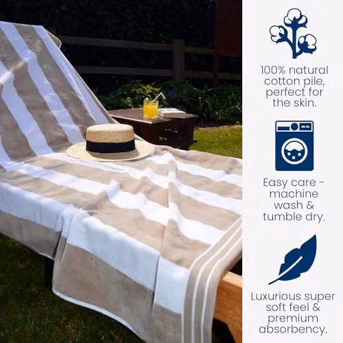 Allure Bath Fashions Luxury Cabana Stripe Extra Large Beach Towel in Beige, 100% Cotton Terry, W: 100 cm, L: 180 cm – 3