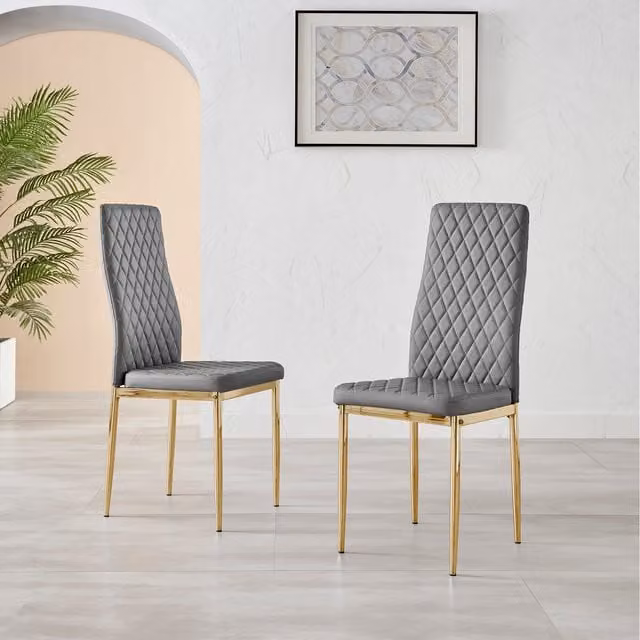 FurnitureboxUK Set of 4 Milan Gold Leg Hatched Upholstered Faux Leather Kitchen Dining Chairs in Grey